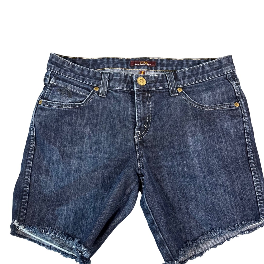 Jordache Morgan‎ Denim Shorts Womens 28/6 Dark Wash Frayed Raw Hem Embroidered